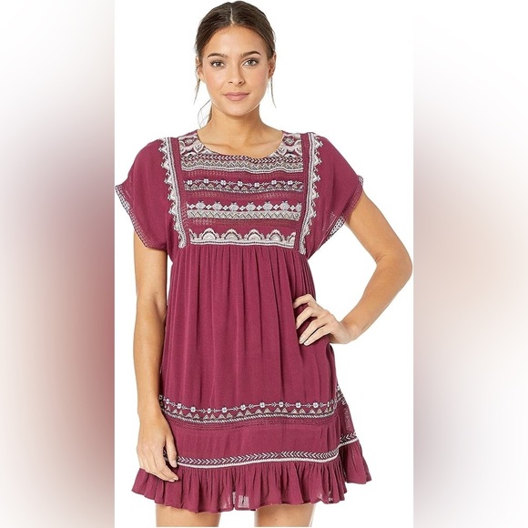 Free People Plum Purple Embroidered Sunrise Wanderer Mini Dress size M - Picture 1 of 15
